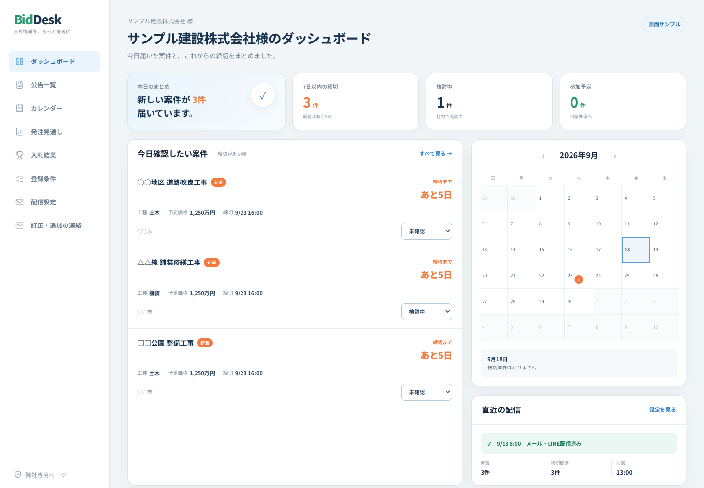 実際のBidDesk専用ページ。ダッシュボードに新着案件、締切、検討状況、カレンダー、配信履歴を表示。会社名と案件は架空データに変更しています。